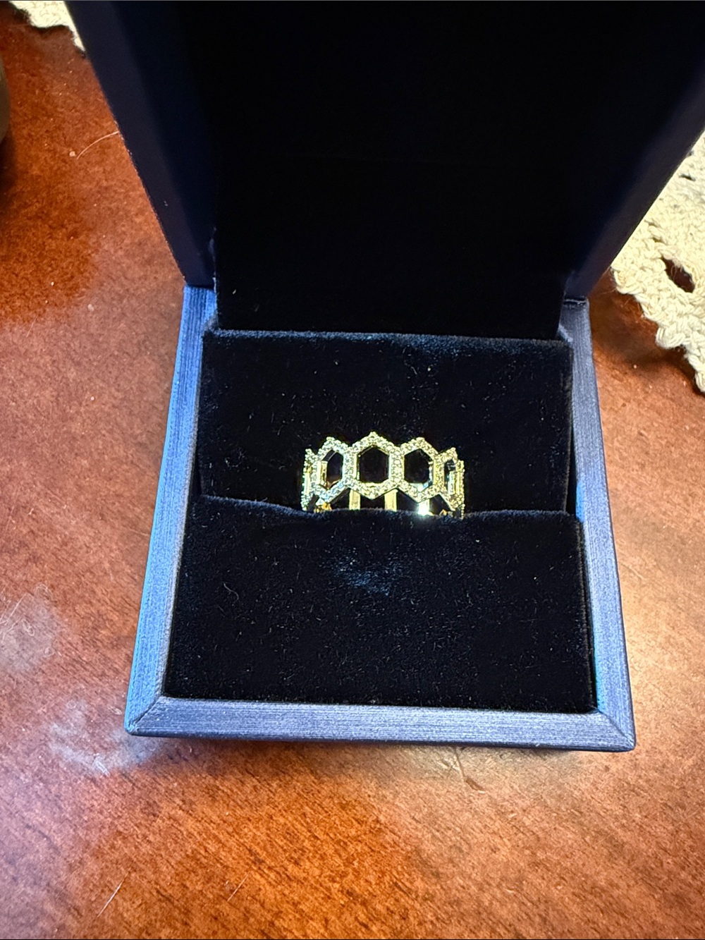 Gold Hexagon Openwork Ring with Pavé Accents